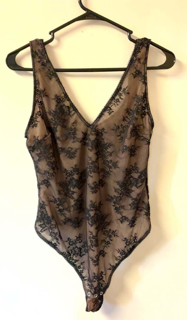 Unbranded Women's Black Lace V-Neck Bodysuit with Nude Lining